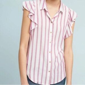 Anthropologie Maeve Fairhope Candy Striped Ruffle Flutter Sleeve Button Down Top